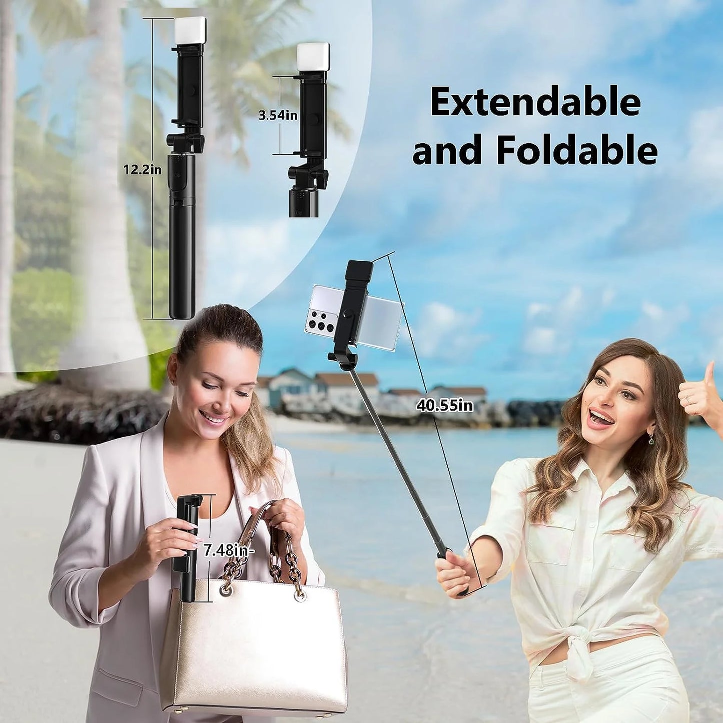 Selfie Stick, 40 in Retractable with Remote, 2 Level Fill Light, Selfie Stick for Iphone Android, Black