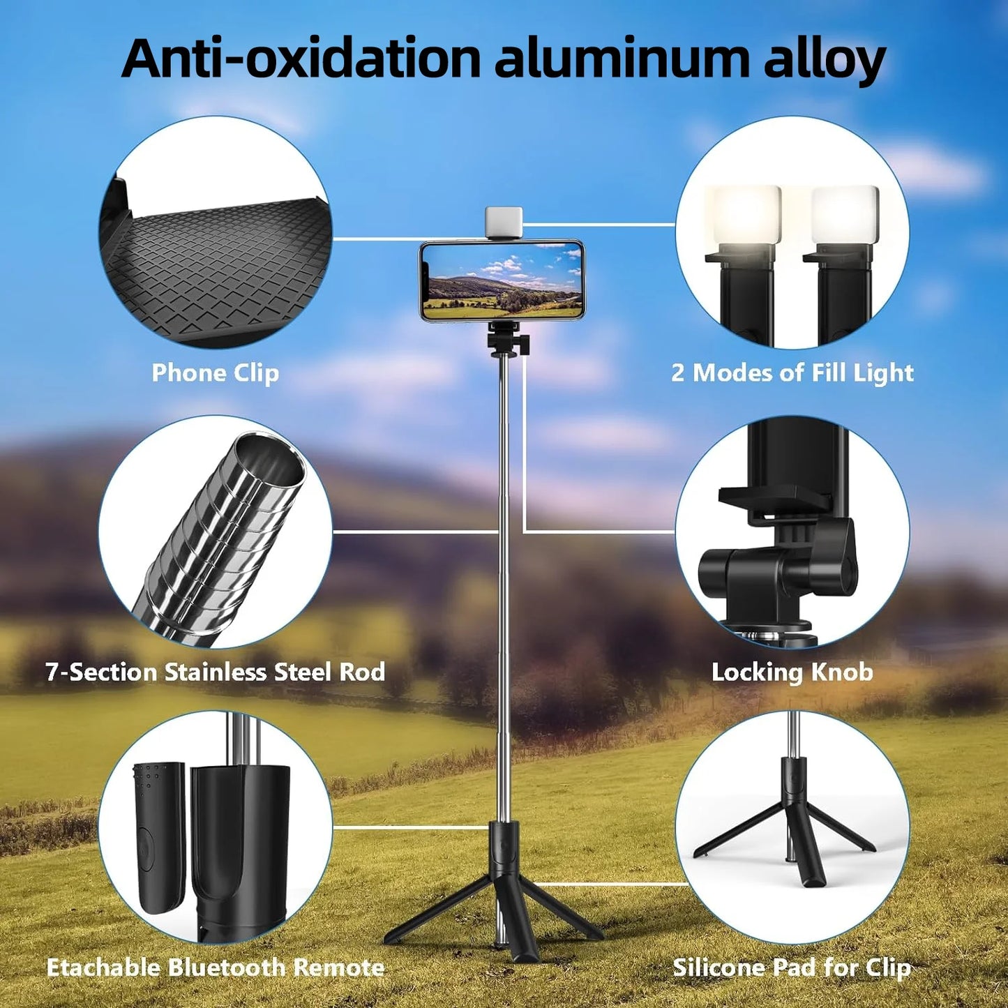 Selfie Stick, 40 in Retractable with Remote, 2 Level Fill Light, Selfie Stick for Iphone Android, Black