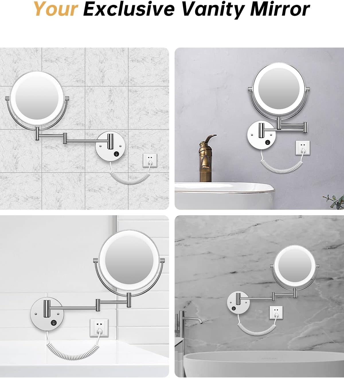 8.5" Wall Mounted Lighted Magnifying Mirror, 1X/10X Double-Sided Magnification round LED Cosmetic Vanity Bathroom Mirror Extendable Arm 360° Swivel for Shaving Makeup