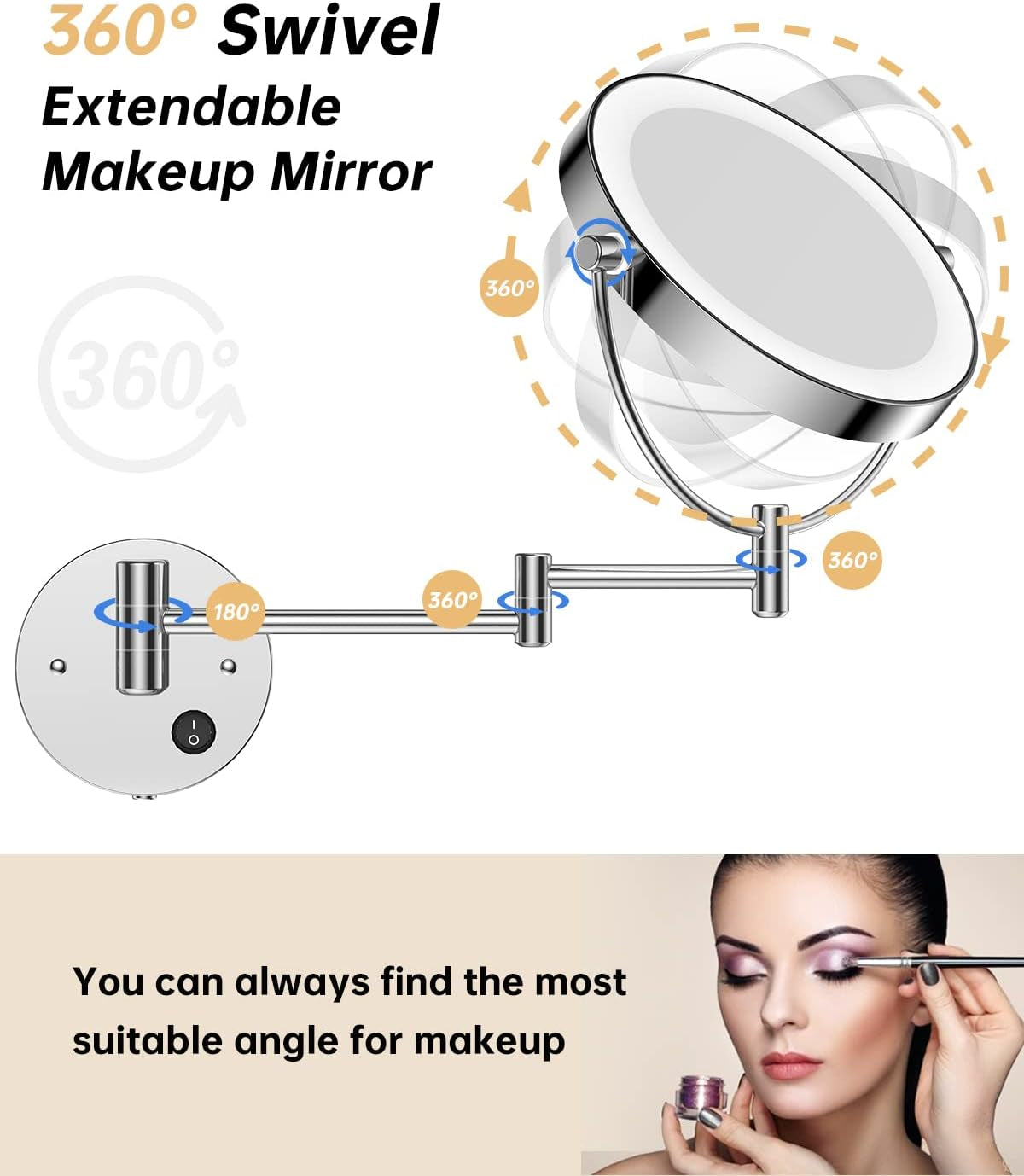 8.5" Wall Mounted Lighted Magnifying Mirror, 1X/10X Double-Sided Magnification round LED Cosmetic Vanity Bathroom Mirror Extendable Arm 360° Swivel for Shaving Makeup