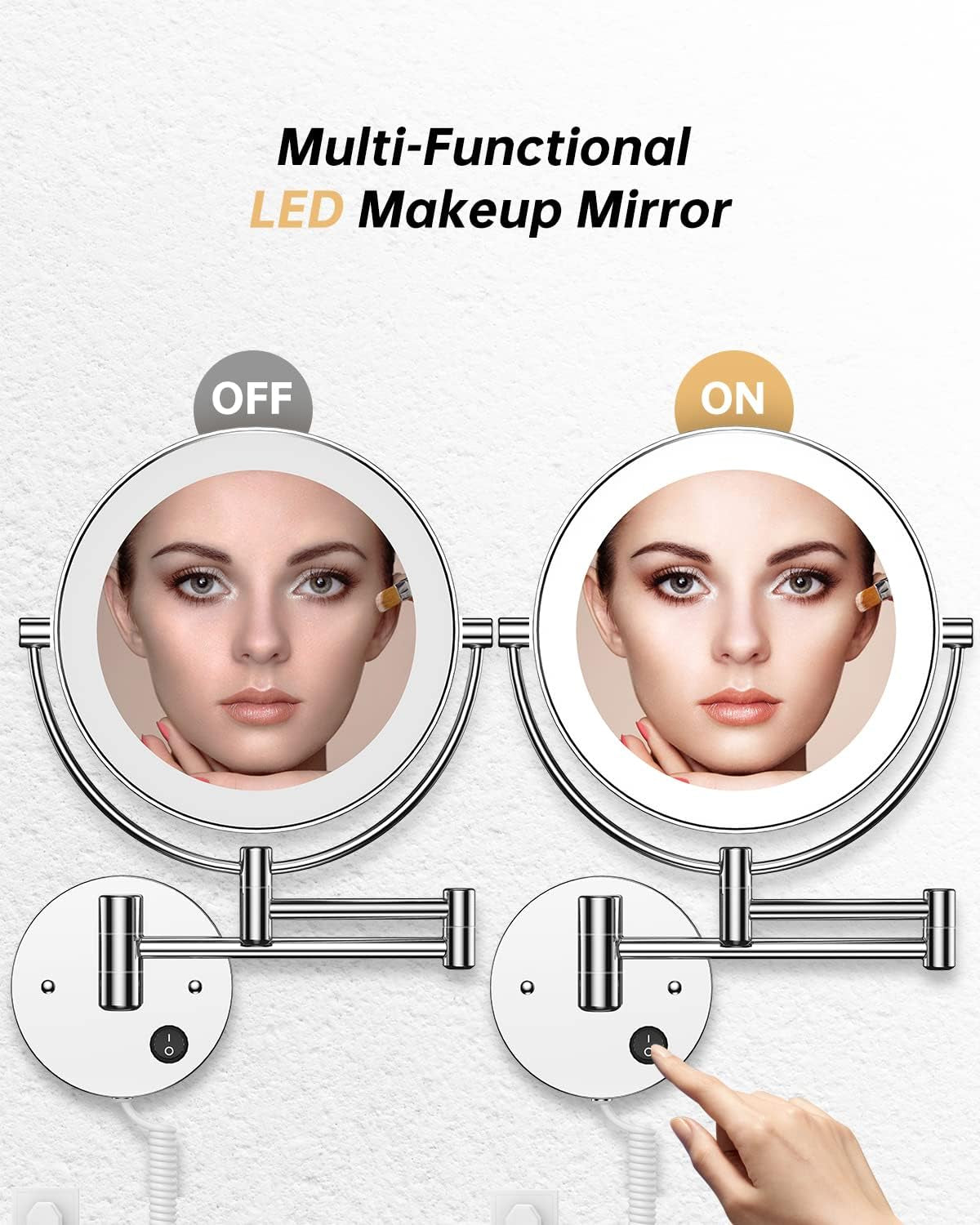 8.5" Wall Mounted Lighted Magnifying Mirror, 1X/10X Double-Sided Magnification round LED Cosmetic Vanity Bathroom Mirror Extendable Arm 360° Swivel for Shaving Makeup
