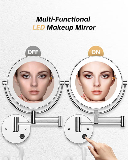 8.5" Wall Mounted Lighted Magnifying Mirror, 1X/10X Double-Sided Magnification round LED Cosmetic Vanity Bathroom Mirror Extendable Arm 360° Swivel for Shaving Makeup