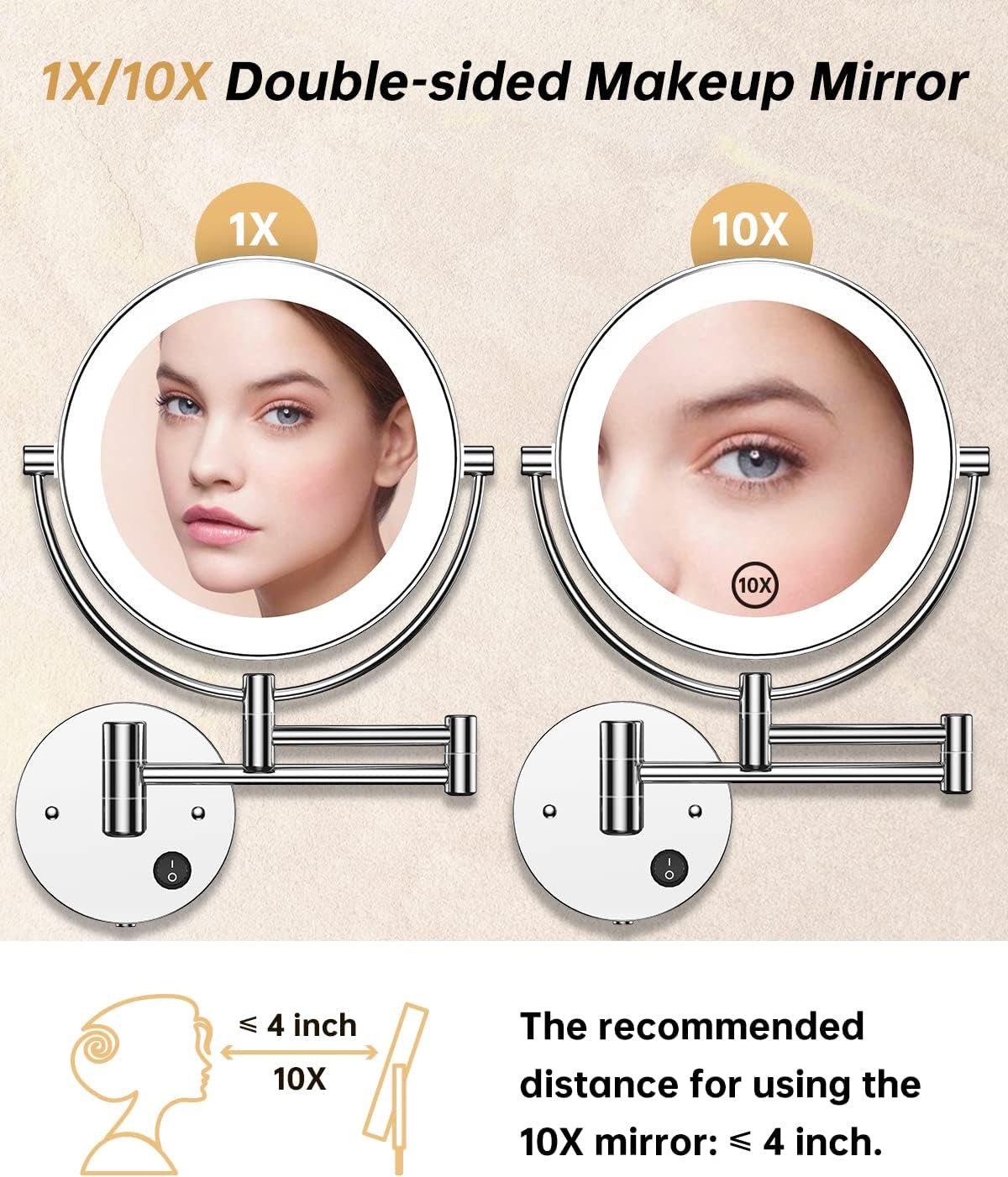 8.5" Wall Mounted Lighted Magnifying Mirror, 1X/10X Double-Sided Magnification round LED Cosmetic Vanity Bathroom Mirror Extendable Arm 360° Swivel for Shaving Makeup