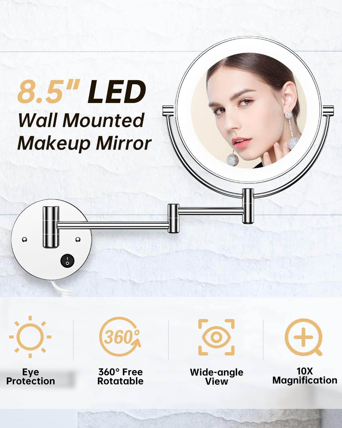 8.5" Wall Mounted Lighted Magnifying Mirror, 1X/10X Double-Sided Magnification round LED Cosmetic Vanity Bathroom Mirror Extendable Arm 360° Swivel for Shaving Makeup