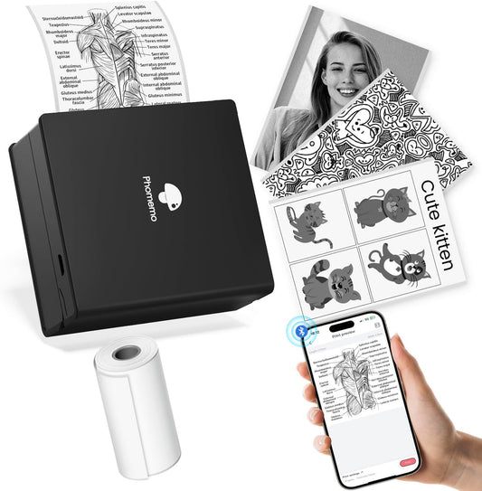 Mini Printer Sticker -M02 Thermal Printer with 1 Roll Paper, Bluetooth Portable Phone Printers, Sticker Printers for DIY Creation, Study Notes, Journals,Work Plan, Gift, Black