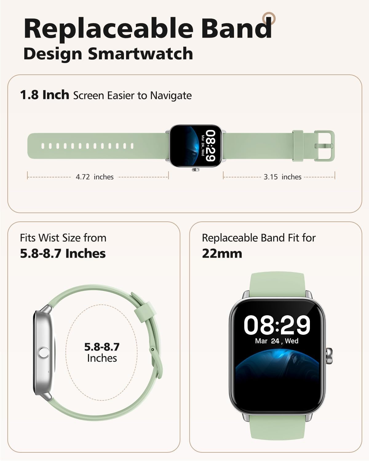 Smart Watch, Compatible with Iphone 9.0 or above and Android 6.0 or Above, 45Mm Men'S and Women'S Watch, Smartwatch Fitness Tracker, Fits Wrists 5.8-8.7 Inches (160-230Mm), Waterproof, Green