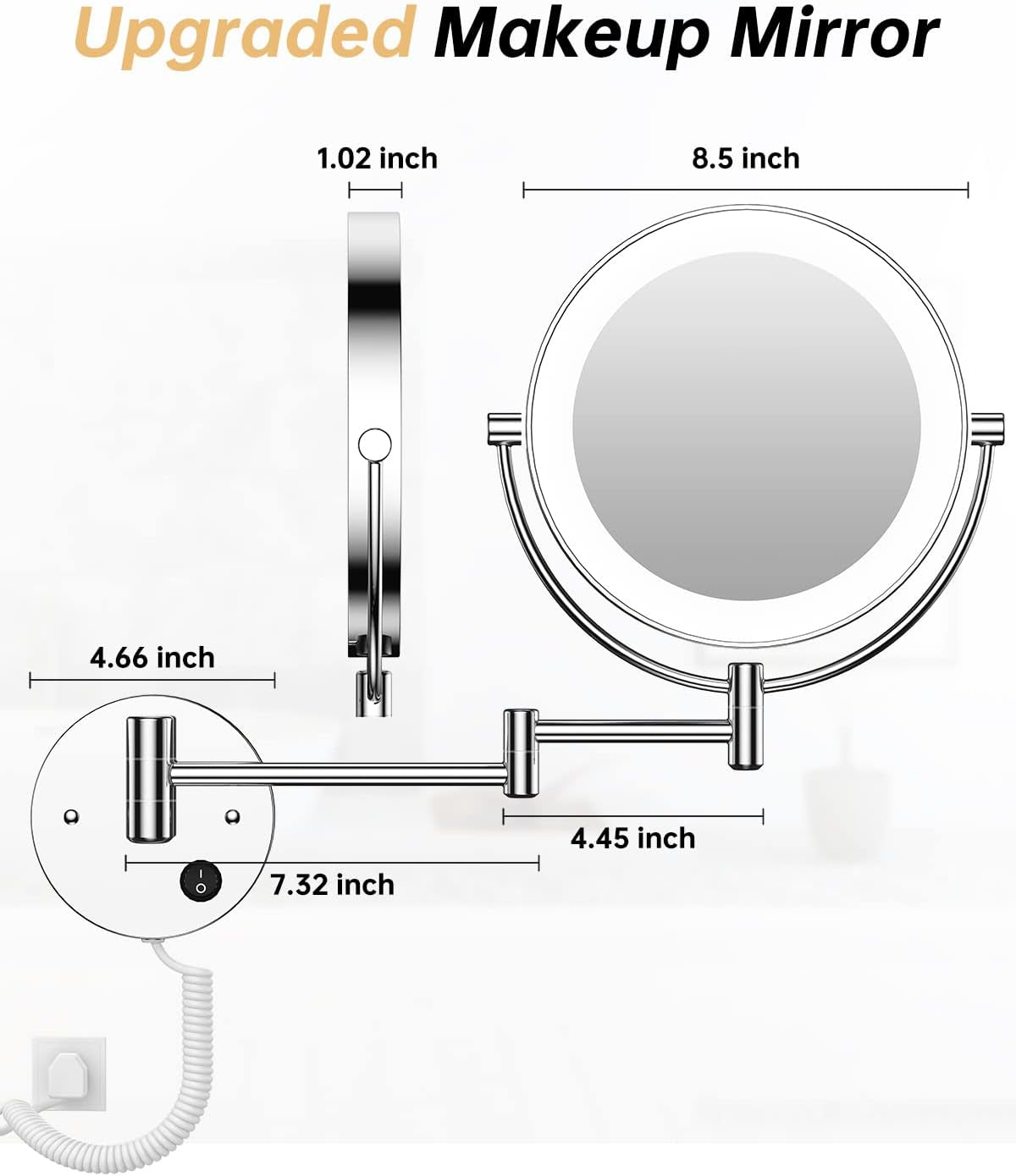 8.5" Wall Mounted Lighted Magnifying Mirror, 1X/10X Double-Sided Magnification round LED Cosmetic Vanity Bathroom Mirror Extendable Arm 360° Swivel for Shaving Makeup