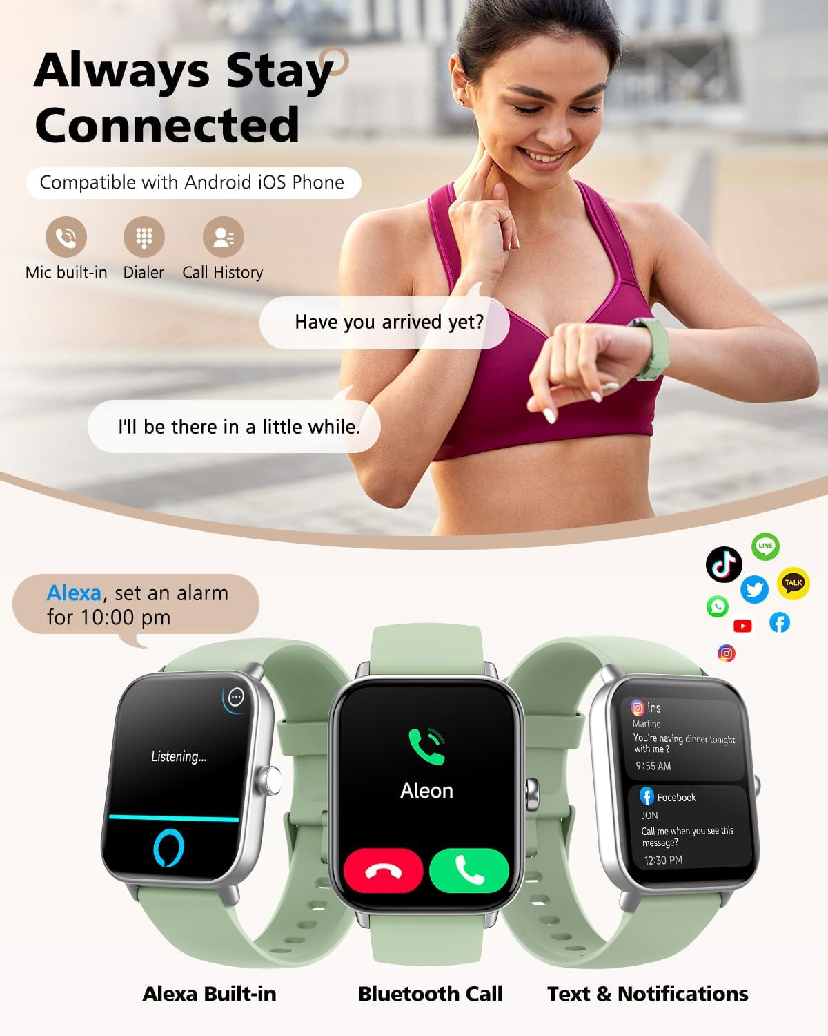 Smart Watch, Compatible with Iphone 9.0 or above and Android 6.0 or Above, 45Mm Men'S and Women'S Watch, Smartwatch Fitness Tracker, Fits Wrists 5.8-8.7 Inches (160-230Mm), Waterproof, Green