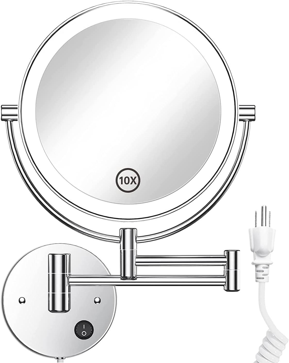 8.5" Wall Mounted Lighted Magnifying Mirror, 1X/10X Double-Sided Magnification round LED Cosmetic Vanity Bathroom Mirror Extendable Arm 360° Swivel for Shaving Makeup