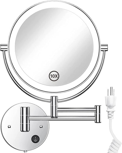 8.5" Wall Mounted Lighted Magnifying Mirror, 1X/10X Double-Sided Magnification round LED Cosmetic Vanity Bathroom Mirror Extendable Arm 360° Swivel for Shaving Makeup