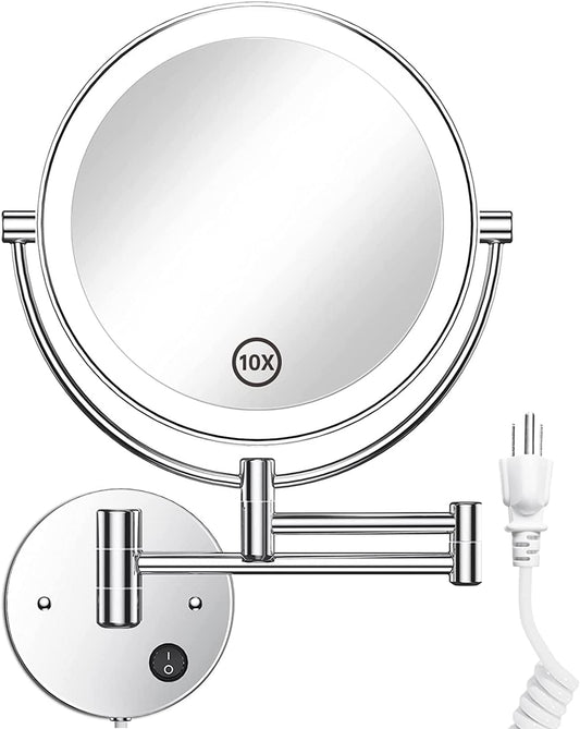 8.5" Wall Mounted Lighted Magnifying Mirror, 1X/10X Double-Sided Magnification round LED Cosmetic Vanity Bathroom Mirror Extendable Arm 360° Swivel for Shaving Makeup