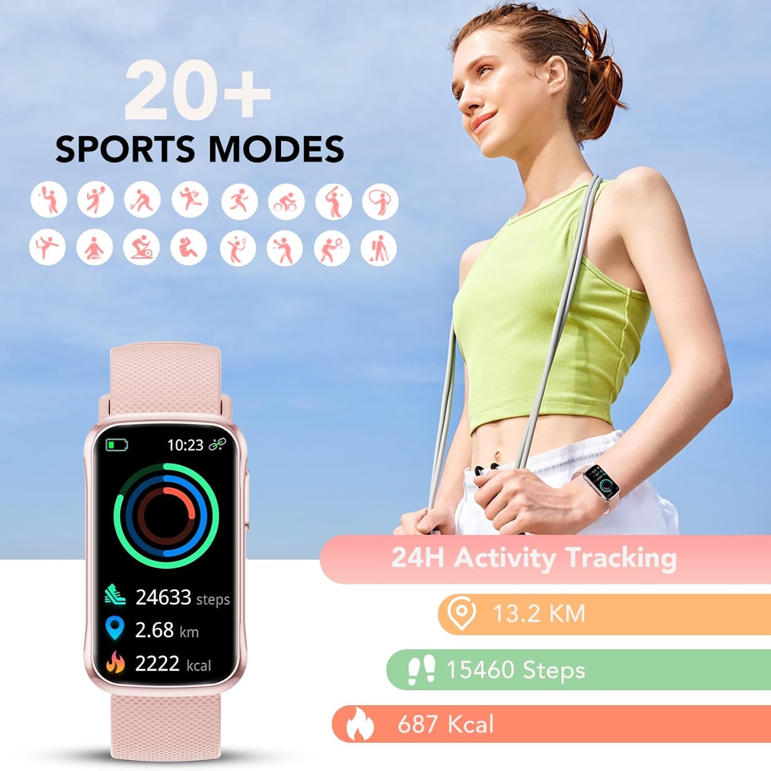 Fitness Tracker Watch, Fitness Watches for Women Men with 24/7 Heart Rate/Sleep Monitor, 20+ Sports Modes Smart Watches for Women, IP68 Waterproof Activity Trackers and Smartwatches for Android/Ios
